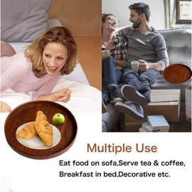 Solid Wood Serving Tray, Round Non-Slip Tea Coffee Snack Plate Food Meals Serving Tray with Raised Edges for Home Kitchen Restaurant (9.5inch, Brown)