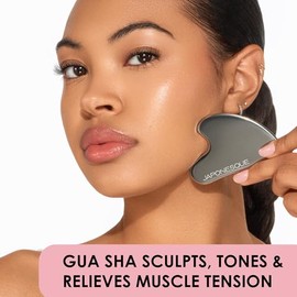 JAPONESQUE Kit de herramientas faciales para contornear incluyendo rodillo en V y acero inoxidable Gua Sha para desinflar