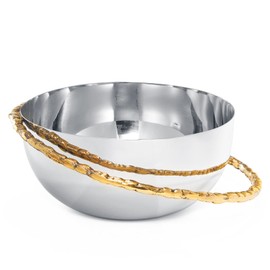 GUTE Decorative Silver Serving Bowl Fruit Catch All, Golden Leaf Vine, Stainless Steel Metal & Brass, Gold Leaves Trim Accent Basket Fruit, Potpourri Living, Dining Room Table Home Decor 7" L 6" W