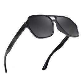 GLINDAR Men's Polarized Aviator Sunglasses Vintage Square Driving Glasses (Shiny Black Frame/Polarized Grey Lens)