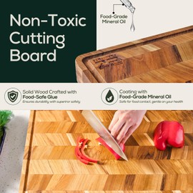 EZ FURNITURE Extra Large (XL) Teak Edge Grain Cutting Board, Reversible, Knife-Friendly Charcuterie Butcher Block, Juice Groove & Handles, Non-Toxic, Gift Box Included (Herringbone, 24" x 18" x 1.5")