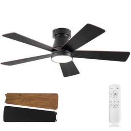 Ceiling Fans with Lights, 42 inch Low Profile Ceiling fan with Light and Remote, Flush Mount, 6 Speeds, Reversible DC Motor,5 Blades, Noiseless, Black Small Ceiling Fan for Bedroom, Indoor/Outdoor