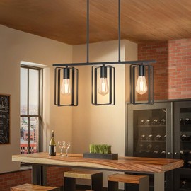 Farmhouse Kitchen Island Chandelier, 3-Light Adjustable Height Industrial Rustic Hanging Pendant Light Fixture with Flexible Shade, Linear Island Lighting for Dining Room Over Table Bar, Black