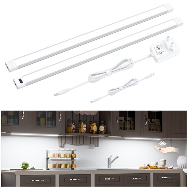 WOBANE Under-Unit Light Kitchen LED Dimmable, 2 x 60 cm Light Strip with Non-Contact Sensor, LED Kitchen Lighting Under-Unit, Cool White Base Cabinet Lighting for Cupboard, Shelves, Workbench,