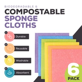 ecoLiving Compostable Sponge Cleaning Cloths - Dishcloth - Eco Friendly & Sustainable Biodegradable Sponge Cloths | Made of Cellulose & Cotton | Reusable Kitchen Cleaning Cloth(6 Pack Ranbow Bright)