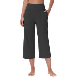 MIVEI Capri Pants for Women - Cropped Wide Leg Yoga Pant with Zipper Pockets Tummy Control Loose Casual Summer Black