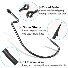 Offset Worm Hooks for Bass Fishing, 50/150pcs Bass Hooks 3X Strong Wide Gap Worm Fishing Hooks for Soft Plastic Bait Jig Fish Hooks for Bass Trout 1-5/0
