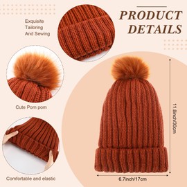 Hicarer 4 Pcs Winter Beanie Hats Scarf Gloves Socks Set Warm Hat with Pom Pom Crew Socks Plaid Scarf Knit Gloves for Women (Caramel)