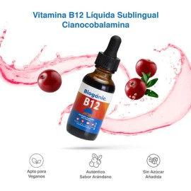Bioganic Vitamina B12 Liquida Sublingual Paquete de Dos, Vegana, Sin Azúcar, Sin Gluten, Sabor Arándano, 240 Porciones en Total, 120 Porciones por Env