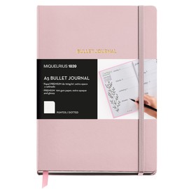 Miquelrius Bullet Journal A5 148 x 210mm 96 Sheets 100gsm Hard Faux Leather Cover with Elastic Closure - Pink Dot Grid Interior
