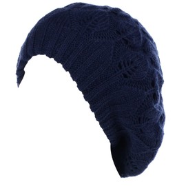 BYOS Winter Chic Warm Double Layer Leafy Cutout Crochet Knit Slouchy Beret Beanie Hat (Navy Leafy)