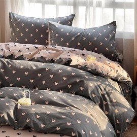 Nayoroom Bed Linen 135 x 200 cm Pink Black Hearts Duvet Cover Set 2-Piece Pink Heart Pattern Aesthetic Cute Hearts Renforce Microfibre Girls Duvet Cover with Zip and 1 Pillowcase 80 x 80 cm