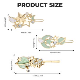 3Pcs Gold Rhinestone Moon Star Hair Clips, Vintage Hollow Hair Pin Set, Metal Crystal Hair Clips Snap Barrettes Comb Claw Clamp for Wedding Bridal Decorative, Elegant Hairpins for Party (Green)