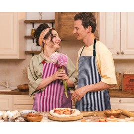 Zihuatailor Red and White Striped Apron with Pockets for Adults, Chef Apron for Men with Stripes, Kitchen Cooking Apron for Women