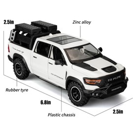 BDTCTK Dodge Ram Mammoth Pick-Up Truck Model Car, Zinc Alloy Pull Back Toy car with Sound and Light for Kids Boy Girl Gift(White)