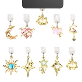 9pcs Dust Plug Charm for Kindle, Gold Star Moon Sun Design Phone Charm Cute Ports Protector Pendants for E-Reader Book Women Teachers Students Accessories