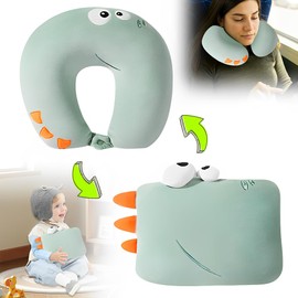 HOVCEH Children's Travel Pillow, 2-in-1 Neck Pillow, Ultra Soft U-Shaped Neck Pillow, Children's Car, Cute Dinosaur Neck Pillow for Children, Adults, Plane, Car, Travel (Green)
