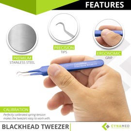 Blackhead Tweezer - Professional Curved Steel Tip Surgical Comedone & Splinter Extractor. Ideal Blemish & Acne Remover Tool Means Flawless Facial Skin (Blue)