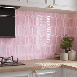 VaryPaper 20 Sheets 12''x12'' Pink Long Hexagon Backsplash Tile Peel and Stick for Kitchen Stick on Backsplash Waterproof Self Adhesive Wall Tiles Sticky Vinyl Back Splash for Bathroom Laundry Room