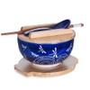 Needzo Ceramic Japanese Bowl with Soup Spoon, Noodle Chopsticks, Bamboo