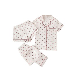 Verdusa Women's 3 Piece Satin Lounge Pjs Sets Printed Button Up Shirt and Shorts Pants White X-Large