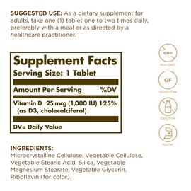Solgar Vitamin D3 (Cholecalciferol) 25 mcg (1000 IU) - 90 Tablets - Helps Maintain Healthy Bones & Teeth - Immune System Support - Non-GMO, Gluten Free, Dairy Free, Kosher - 90 Servings