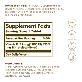 Solgar Vitamin D3 (Cholecalciferol) 25 mcg (1000 IU) - 90 Tablets - Helps Maintain Healthy Bones & Teeth - Immune System Support - Non-GMO, Gluten Free, Dairy Free, Kosher - 90 Servings