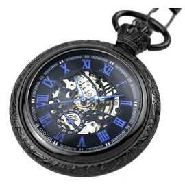 YIHAOYH Men's Mechanical Skeleton Pocket Watch Roman Numerals Dial Steampunk Hand-Wind Pocket Watch with Chain Gift Box (Black)