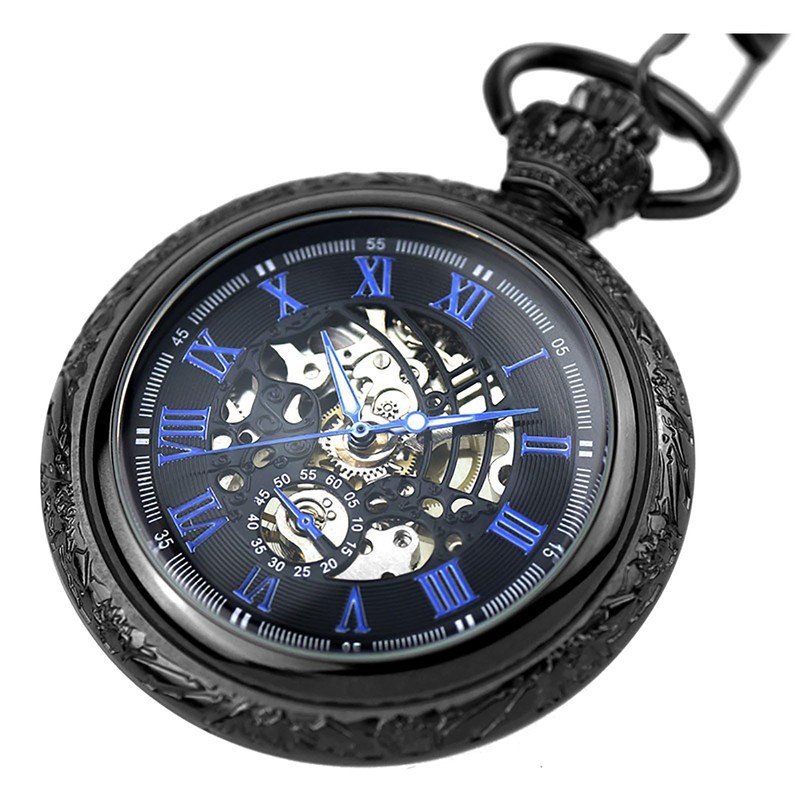 YIHAOYH Men's Mechanical Skeleton Pocket Watch Roman Numerals Dial Steampunk