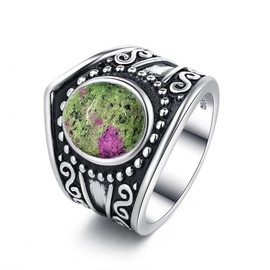 DALEGEM Oval Genuine Epidote Quartz Stone Ring,S925 Sterling Silver Vintage Natural Real Quartz Crystal Gemstone Boho Bohemian Chunky Wide Band Ring (A05_Epidote Quartz, 6)