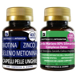 Set di integratori capelli pelle unghie + depurativo antiossidante | biotina zinco seleniometionina 400 compresse + cardo mariano complesso detox 100 compresse | senza glutine