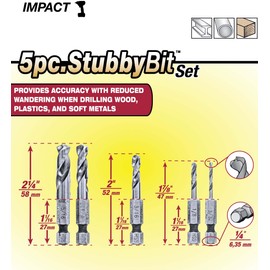 Milescraft 2320 5pc Stubby Bit Set- 5pc. HSS Stubby Drill Bits with 1/4-Inch Quick Change Hex Shank (3/32in, 1/8in, 3/16in, 1/4in, 5/16in) - Drill Bit Holder Included