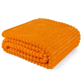 PAVILIA Super Soft Fleece Throw Blanket Orange, Luxury Fuzzy Plush Flannel Throw, Warm Cozy Ribbed Microfiber Blanket for Sofa Couch Bed, Lightweight Striped Blanket, Orange, 50x60