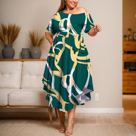 WUSENST Plus Size Midi Dress for Curvy Women Off Shoulder Boat Neck Prints Hi Low Irregularly Flowy Dresses Green Gold
