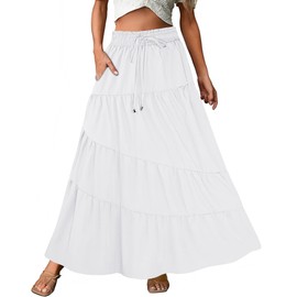 ECOWISH Women Boho Maxi Skirt: Summer Asymmetric Tiered Drawstring Elastic High Waist A-Line Flowy Long Skirts with Pockets 441 White L