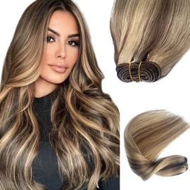 Sew in Hair Extensions Real Human Hair Wefts Weave Bundles,Hand Tied Weft Hair Extensions Human Hair,Brown to Ash Blonde Balayage Honey Blonde Highlight Hair Extension Real Human Hair Sew in Bundles