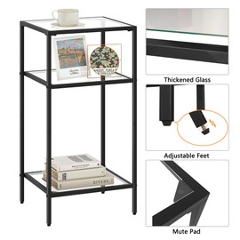 Homhedy 3-Tier Side Tables Set of 2, End Tables with Tempered Glass, Nightstands with Storage Shelves, Slim Sofa Tables for Living Room, Bedroom (2, Black)