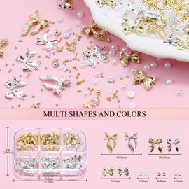 3D Metal Bowknot & AB Pearl and Mini Beads Nail Art Kit - Gold/Silver Alloy Bowknot, 1-2mm Stainless Steel Caviar Beads, 3mm Half Pearls for Professional Salon & DIY Manicure Jewelry Designs (Set 3)