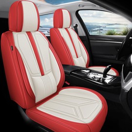 otoez Car Seat Covers Full Set, Nappa Leather Seat Cover Full Coverage 5 Seats for Car Seden SUV Truck, Universal Automotive Seat Cover Waterproof Front and Rear Seat Cover, Red & White
