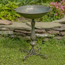 Zaer Ltd. Ornate Pedestal Style Birdbath with Cast Iron Birds on Rim (Bronze)