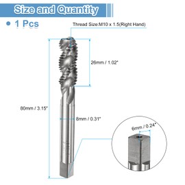 sourcing map Spiral Flute Thread Taps M10 x 1.5 H2 Metric Machine Threading Tap Bit, Uncoated Screw Tapping Repair Tool, M2 High-Speed Steel (HSS)