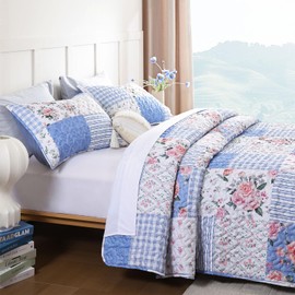 YIKUSH Quilt Sets Queen Size Floral Quilt Set 3 Pieces Bedding Set Bedspreads Blue Comforter Blanket with 2 Pillow Cases- Ultra Soft Floral Coverlet with Printed Pattern 90in.x 90in