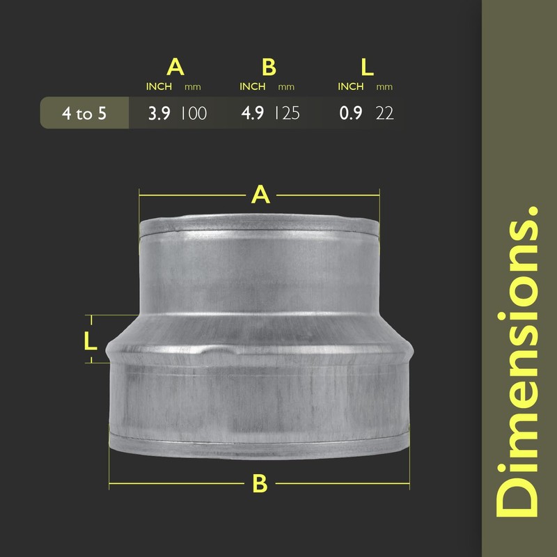 VezoWorks 5" to 4" Inch Duct Pipe Adapter - Galvanized