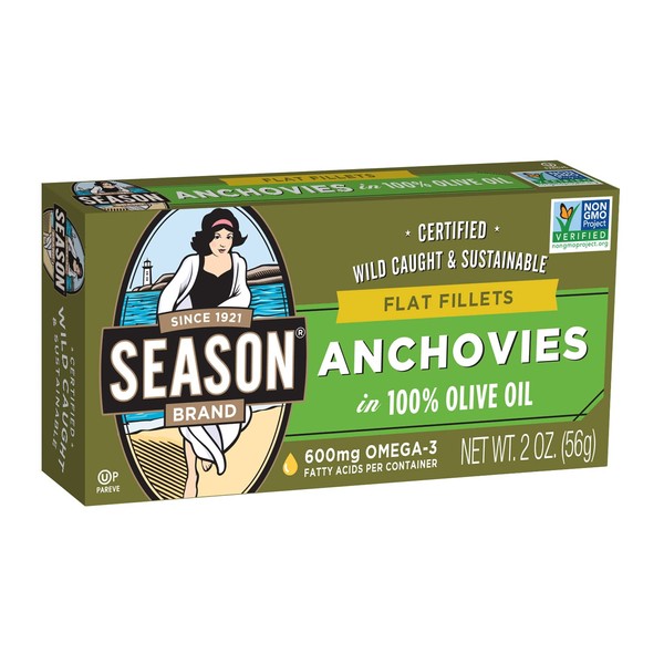Season Anchovies in Olive Oil – Flat Anchovy Fillets, Wild Caught Fish, Keto Snacks, Canned Anchovies, Rich in B Vitamins, Low in Mercury, Kosher, Non-GMO, 600mg of Omega-3 – 2 Ounce, 12-Pack