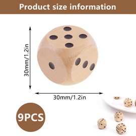 Pack of 9 Wooden Dice Games, 30 mm, Natural Wooden Game Dice, Wooden Dice Game with Round Corners, Card Game, Party Games, Suitable for Crafts, DIY, Mathematics, Board Games