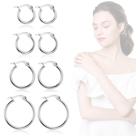 JEYORZY 4 Pairs of Hoop Earrings, Silver Large Hoop Earrings for Women, Thin Hoop Earrings, Hypoallergenic Circle Endless Hoop Earrings, Lightweight Earrings, for Women, Hoop Earrings, Hypoallergenic
