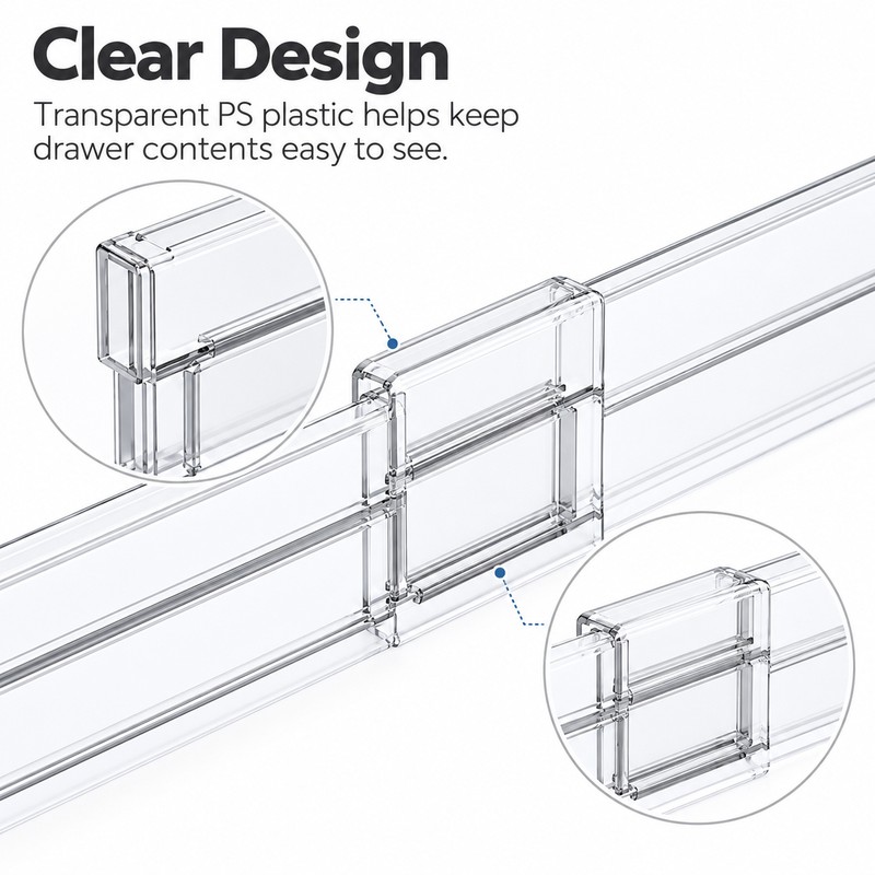 Adjustable Clear Drawer Dividers for Clothes, Kitchen Utensils & Office