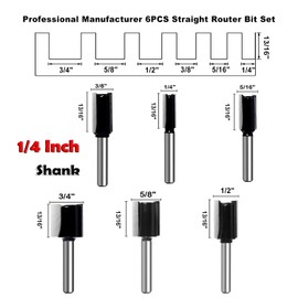 6Pcs Straight Router Bit Set 1/4 Shank, Double Flute Straight Bit Dado Straight Cut Router Bit, Cut Dia 3/4", 5/8", 1/2", 3/8", 5/16", 1/4", Straight Router Bit for Woodworking Groove by SICWOOD