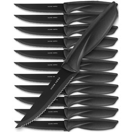 Home Hero Steak Knives, Razor-Sharp Steak Knives Set, High-Carbon Stainless Steel Steak Knife Set, Ergonomic Handles Serrated Steak Knives for Precise Cutting (12 Pcs - Black)
