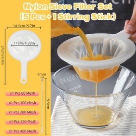 Pack of 5 Fine Sieve Filter 400/300/200/100/80 Mesh with 1 Stainless Steel Stirring Rod Fine Mesh with Plastic Handle, Reusable Fine Sieve Kitchen Strainer Strainer for Juice Soy Milk Coffee